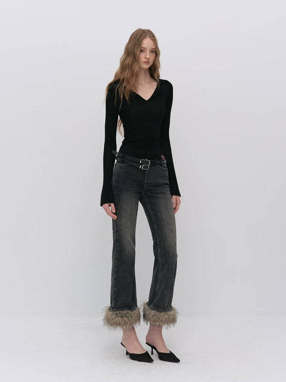 Ribbed Wool Polo Top