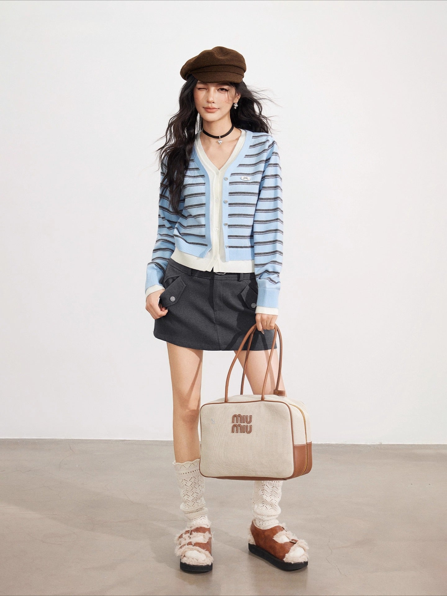 Blue Striped V-Neck Cardigan