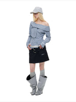 Asymmetric Plaid Off-Shoulder Shirt