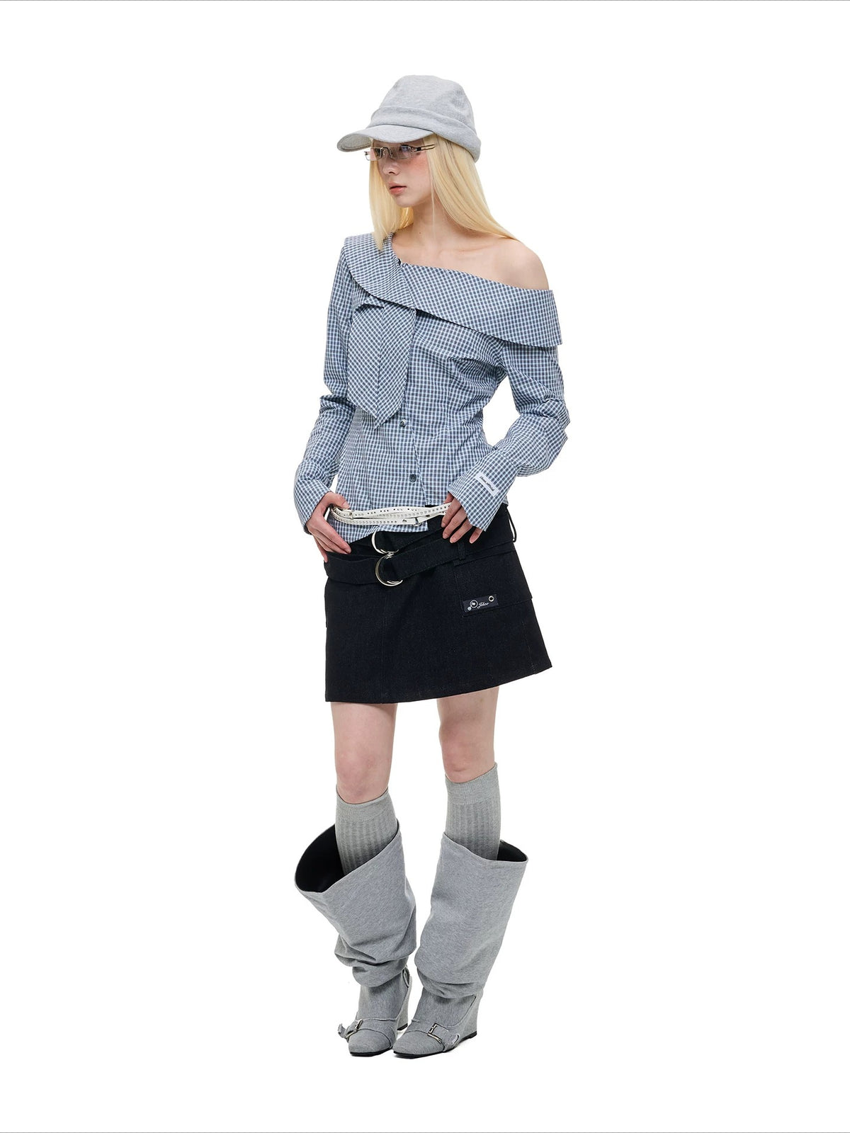 Asymmetric Plaid Off-Shoulder Shirt