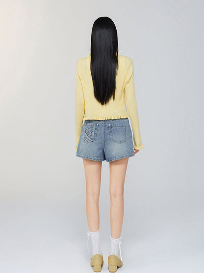 V - neck Ruffled Tie - front Knit Cardigan