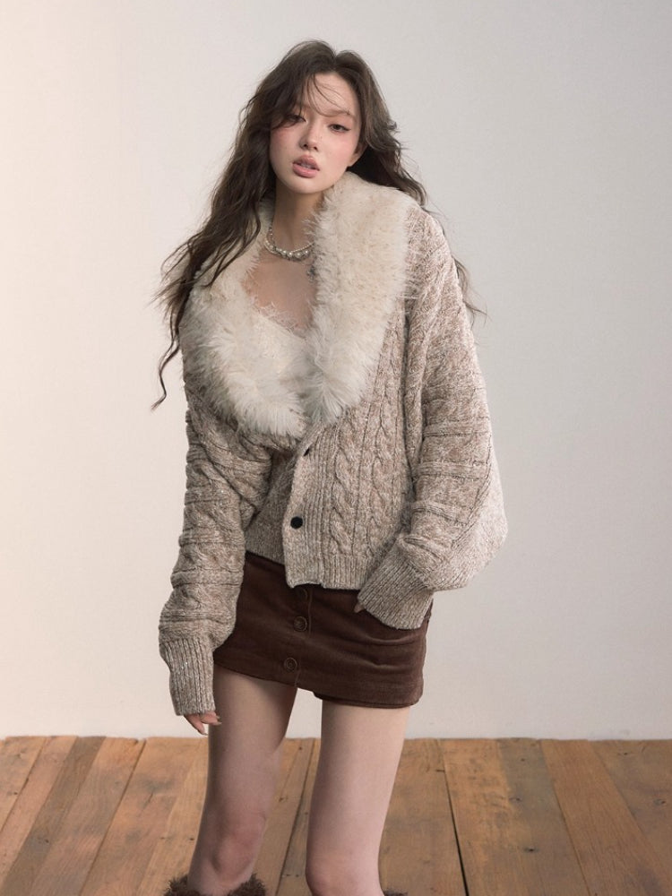 Heavyweight Detachable Fur Collar Cardigan