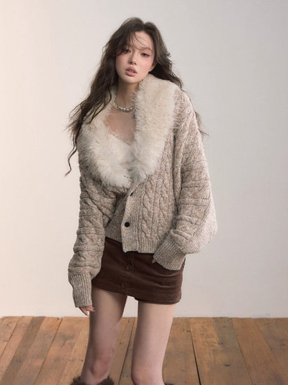 Heavyweight Detachable Fur Collar Cardigan