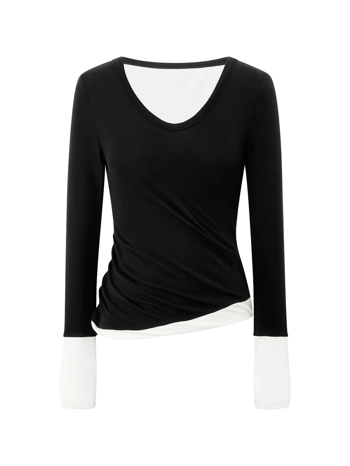Wool Contrast V Neck Ruched Top