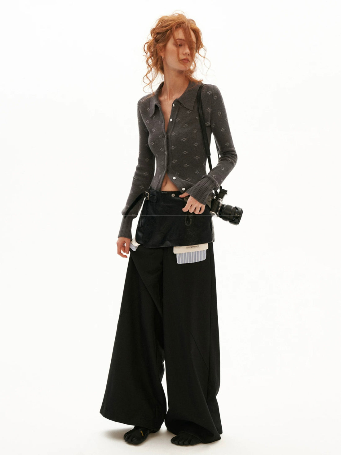 Structured Leather Waist Wide Leg Trousers
