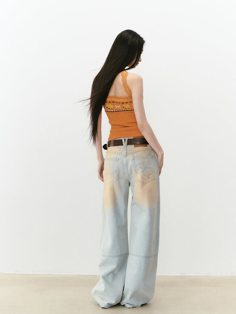 Washed and Distressed Color Block Denim Pants