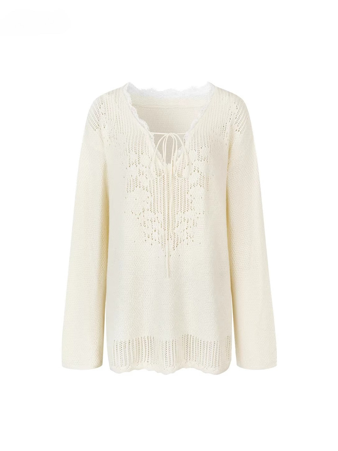 Apricot Lace Trim Knit V-Neck Sweater