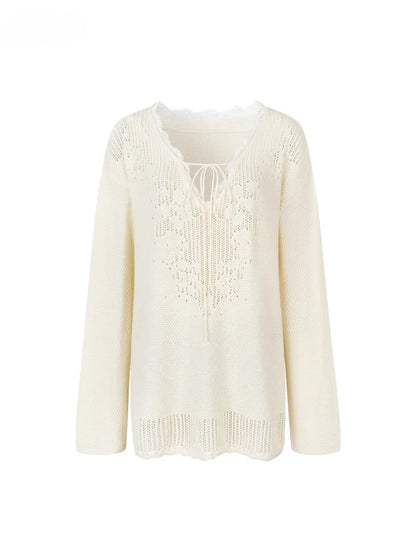 Apricot Lace Trim Knit V-Neck Sweater