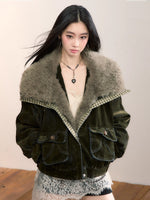Velvet Denim Oversized Fur Collar Down Jacket