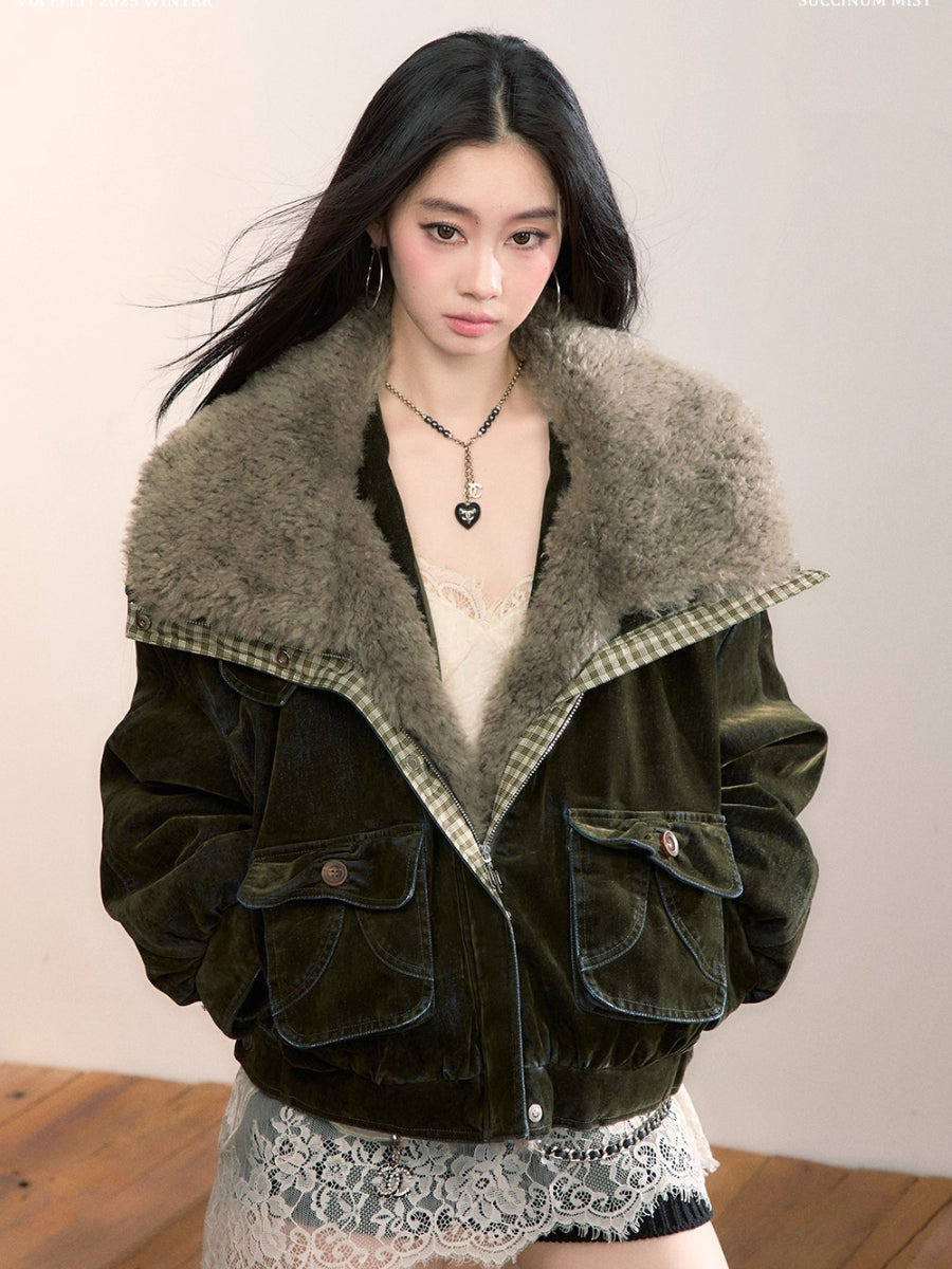 Velvet Denim Oversized Fur Collar Down Jacket