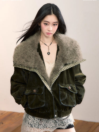 Velvet Denim Oversized Fur Collar Down Jacket