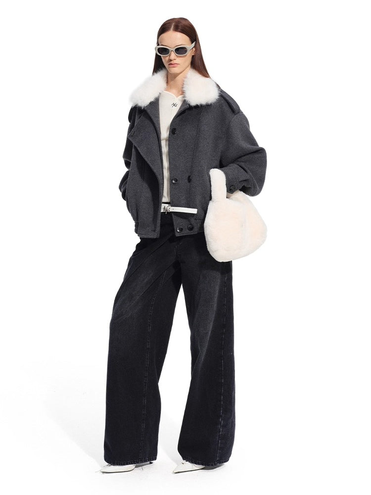 Faux Fox Fur Wool-Blend Aviator Jacket