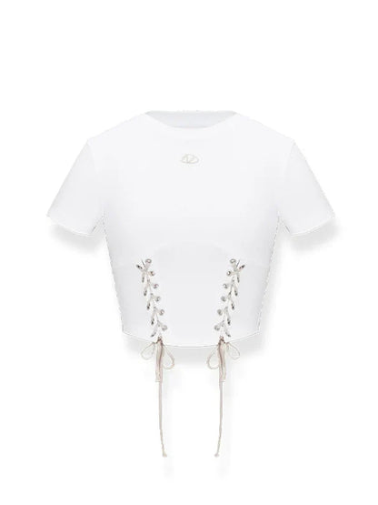 Color-Blocked Belted Straight-Shoulder Short Sleeve Top