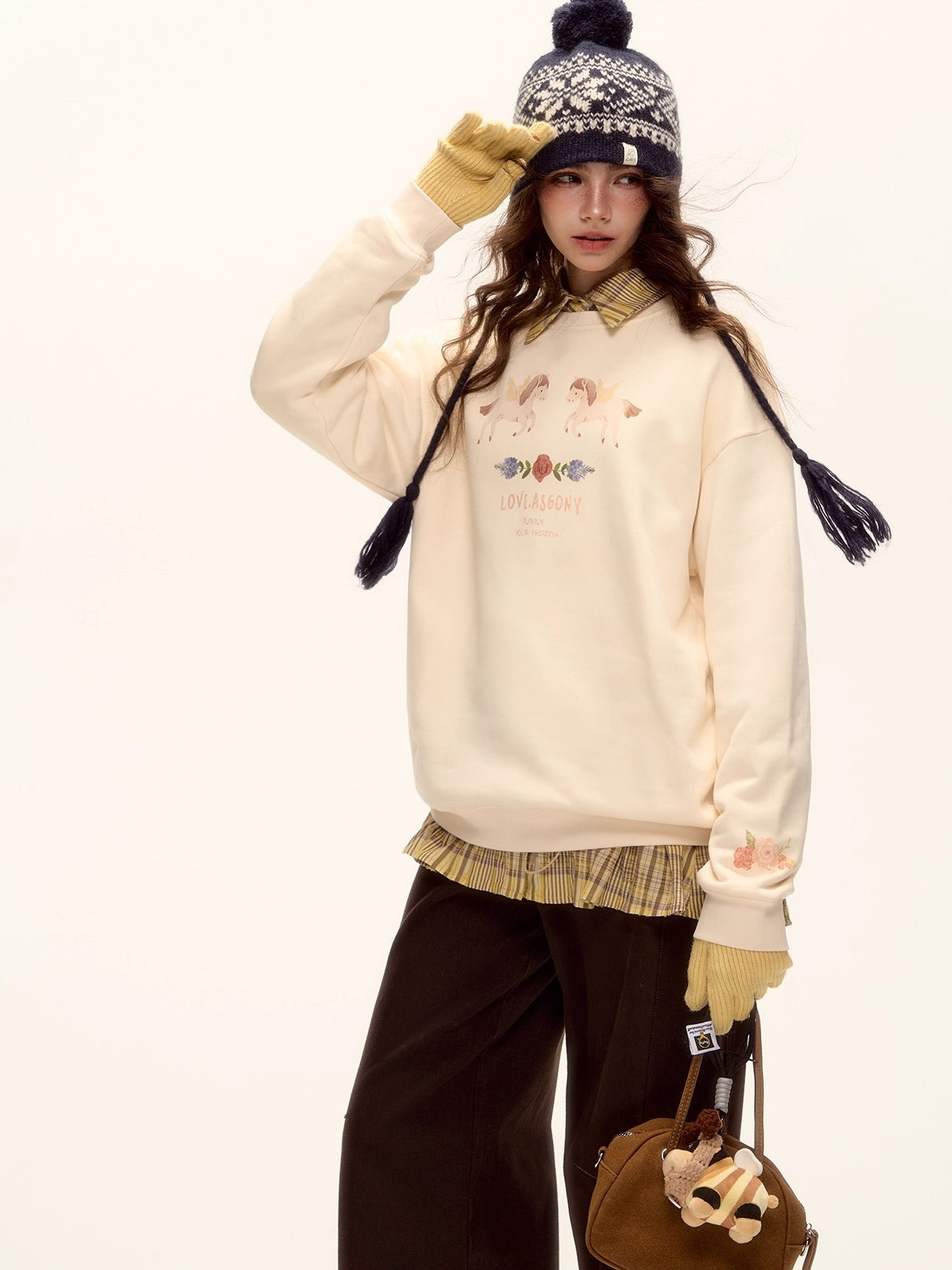 Floral Pony Print Fleece-Lined Pullover Sweatshirt