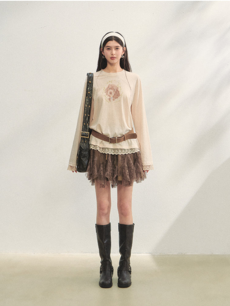 Lace Panel Animal Print Long-Sleeve Tee