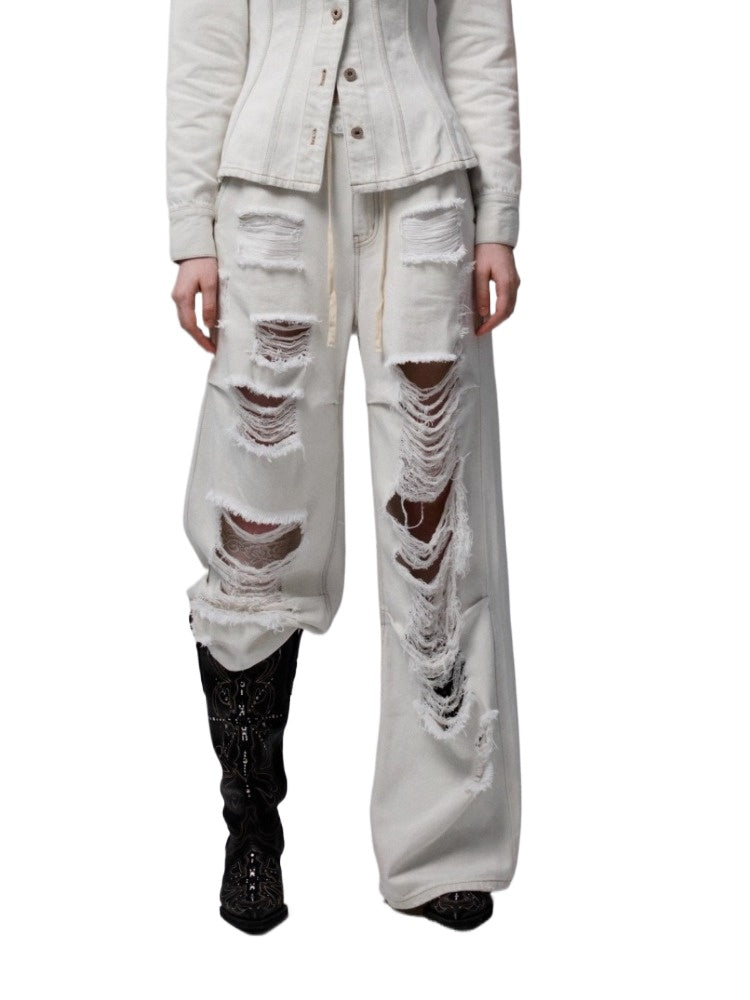 Distressed White Ripped Wide-leg Pants