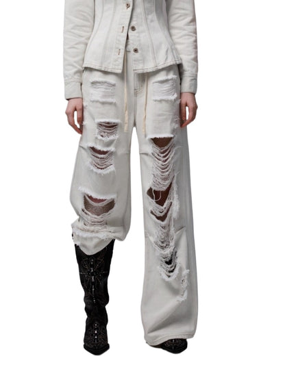 Distressed White Ripped Wide-leg Pants