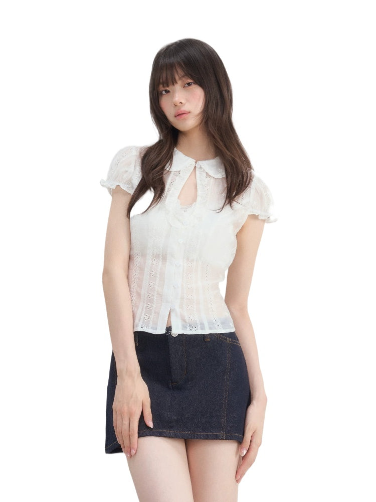 Eyelet Doll Collar Blouse &amp; Skirt Set