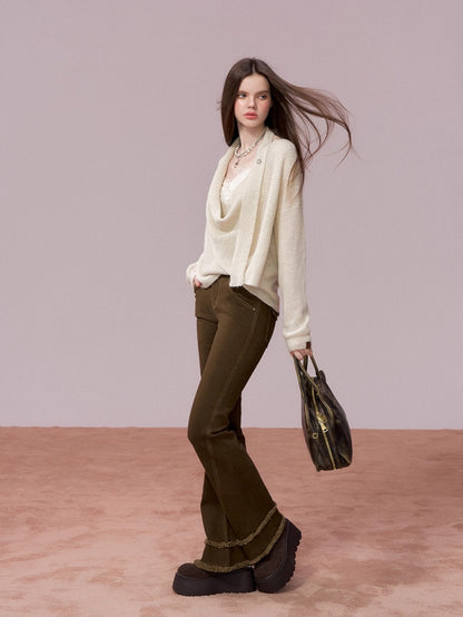 Ripped Hem Fitted Flared Denim Jeans