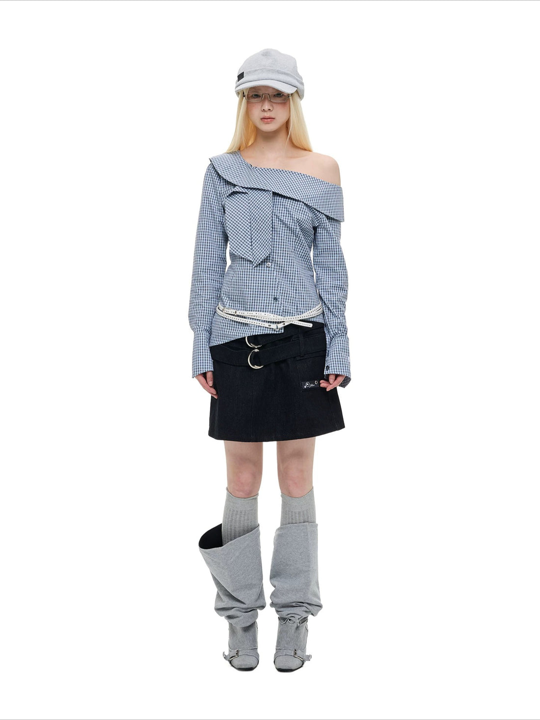 Asymmetric Plaid Off-Shoulder Shirt