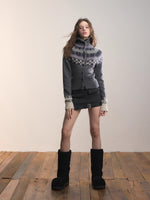 Fair Isle Heavy-Duty Knit Turtleneck Cardigan