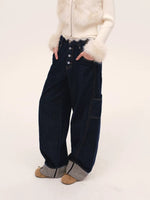 Indigo Button Front Wide-Leg Jeans