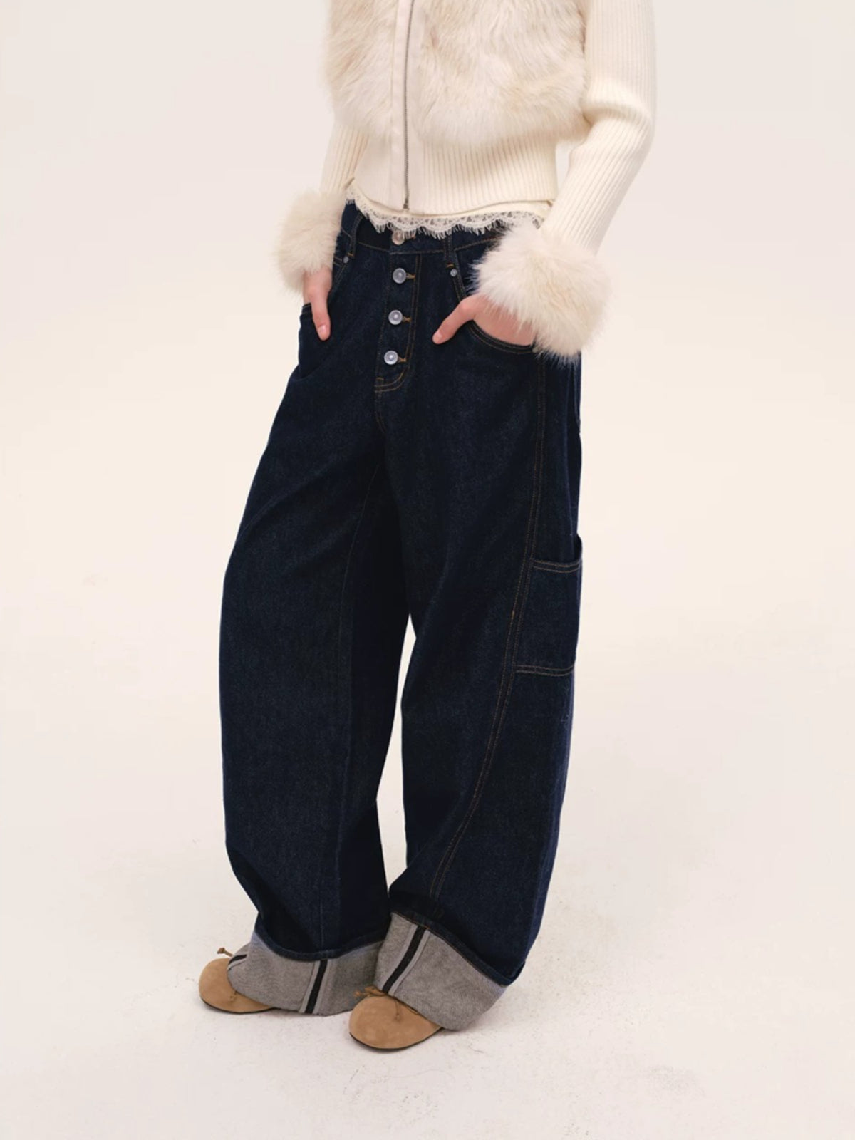 Indigo Button Front Wide-Leg Jeans