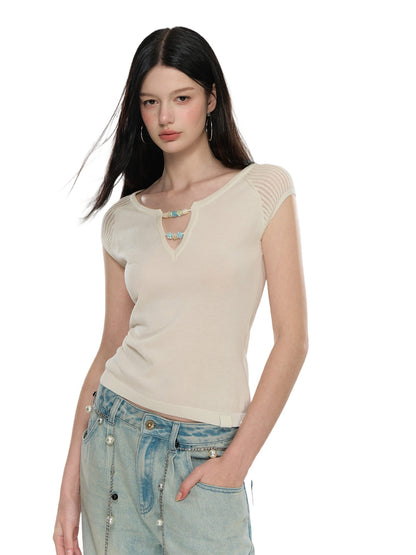 Beaded V-Neck Knit Top