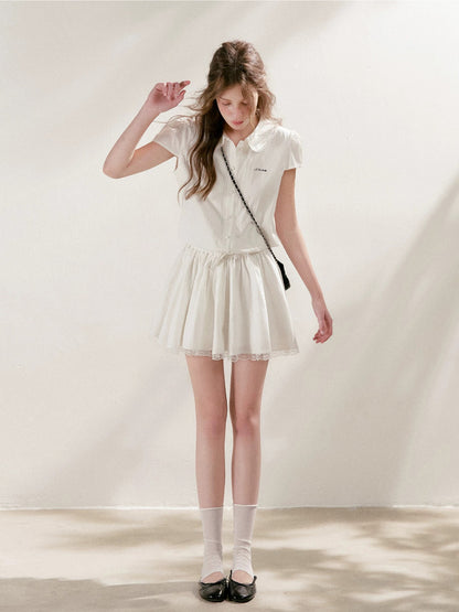 Lace-Paneled Collared Shirt Dress