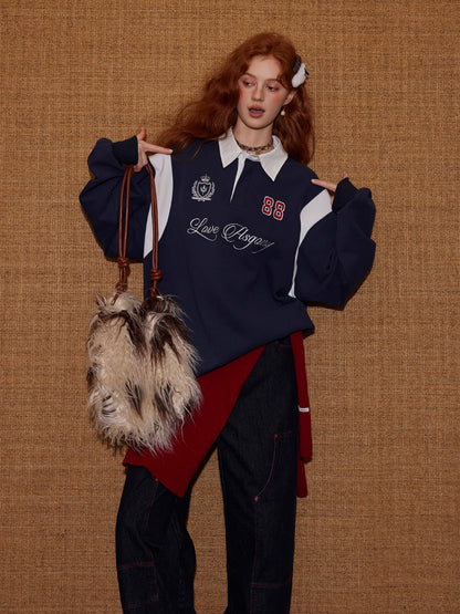 Contrast Collar Embroidered Drawstring Sweatshirt