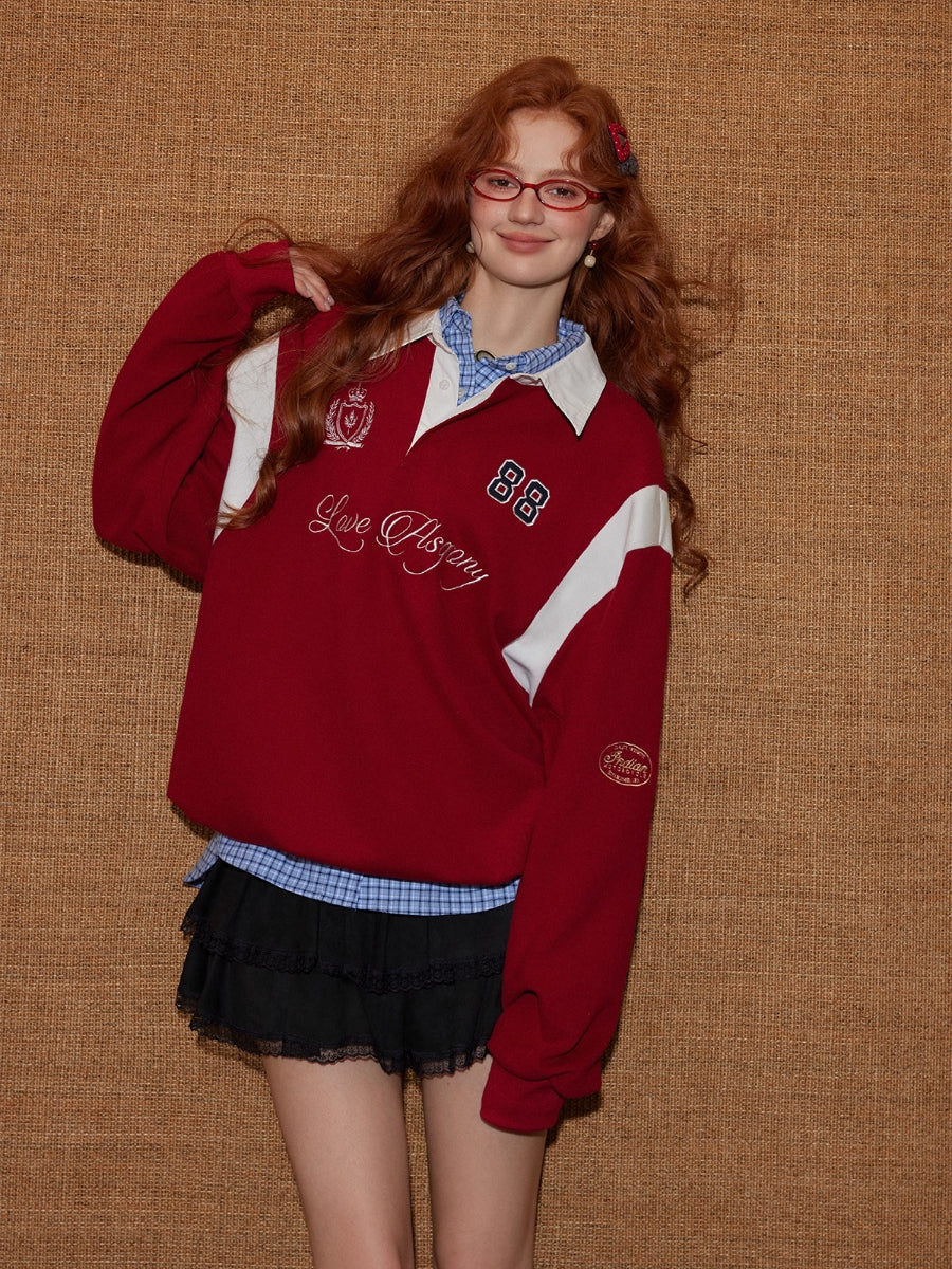 Contrast Collar Embroidered Drawstring Sweatshirt