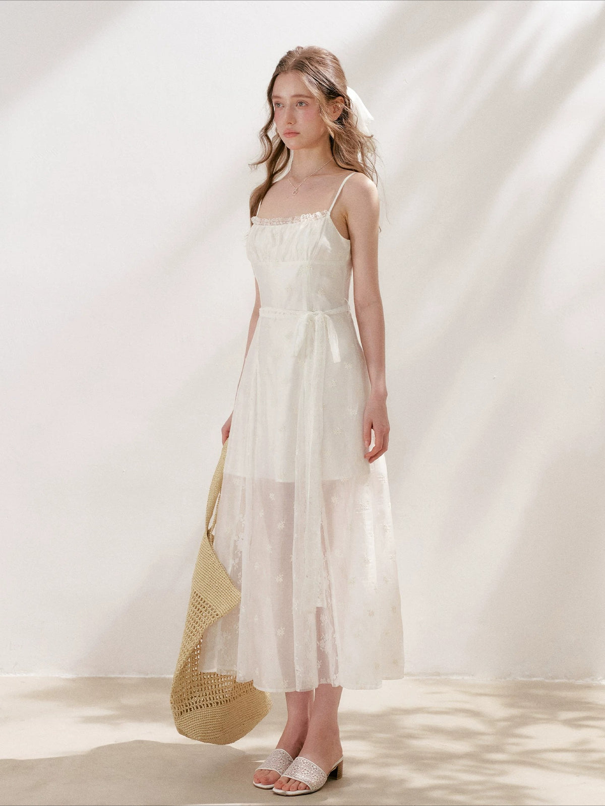 Apricot Embroidered Lace Midi Dress