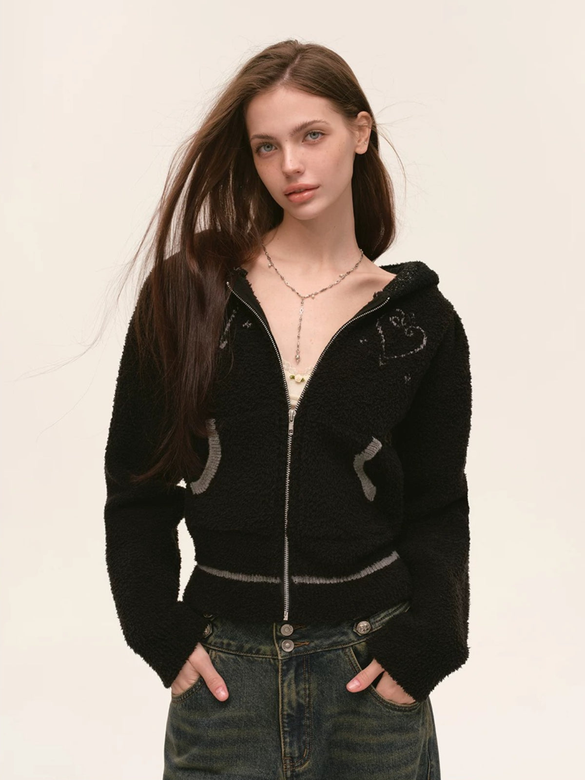 Heart Totem Knit Hooded Cropped Jacket