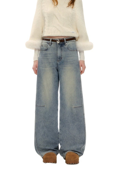 Washed Denim Curved-Cut Pants
