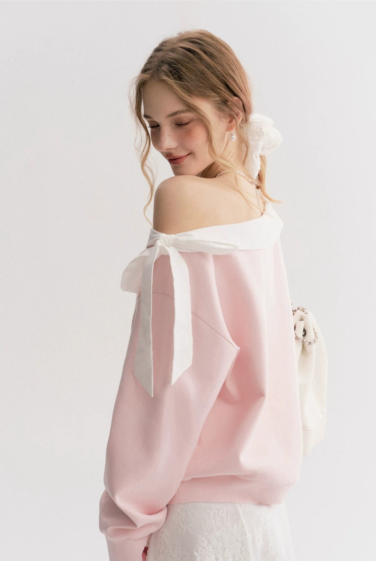 Navy &amp; Pink Bow Off-Shoulder Sweatshirt