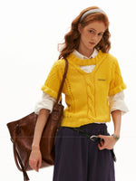 Textured Openwork Puff Sleeve Knit Top
