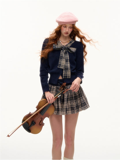 Plaid Bow-Tie Round Neck Knitted Cardigan