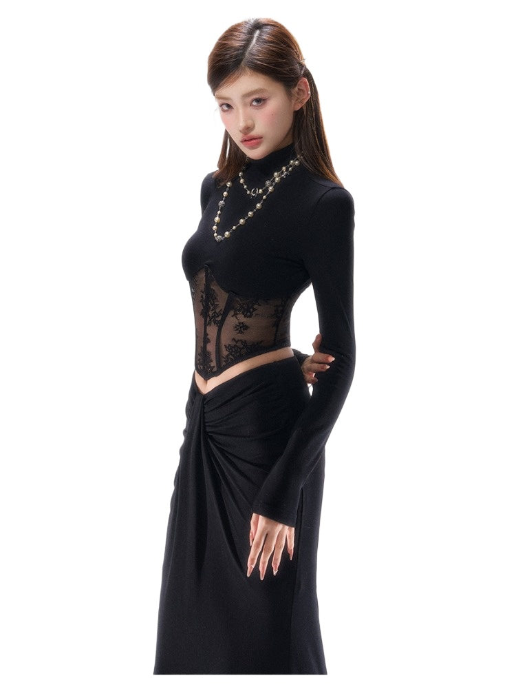 Lace-Trim Corset Long-Sleeve Top