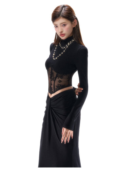 Lace-Trim Corset Long-Sleeve Top