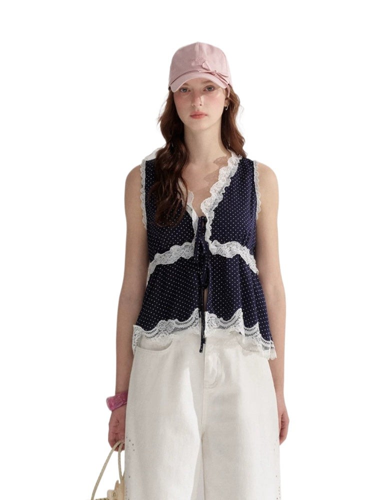 Lace Trim Polka Dot Vest