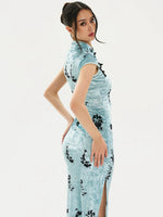 Light Blue Ink Floral Qipao Dress