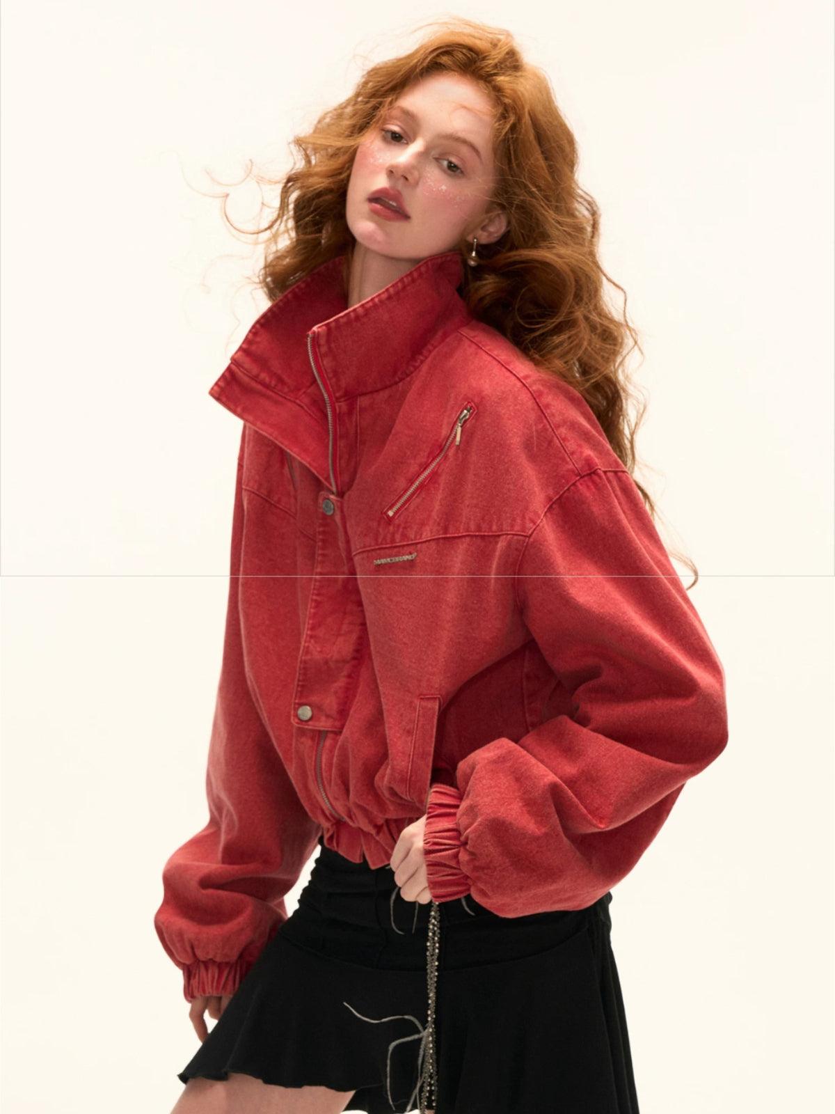 Red Utility Stand Collar Cropped Jacket