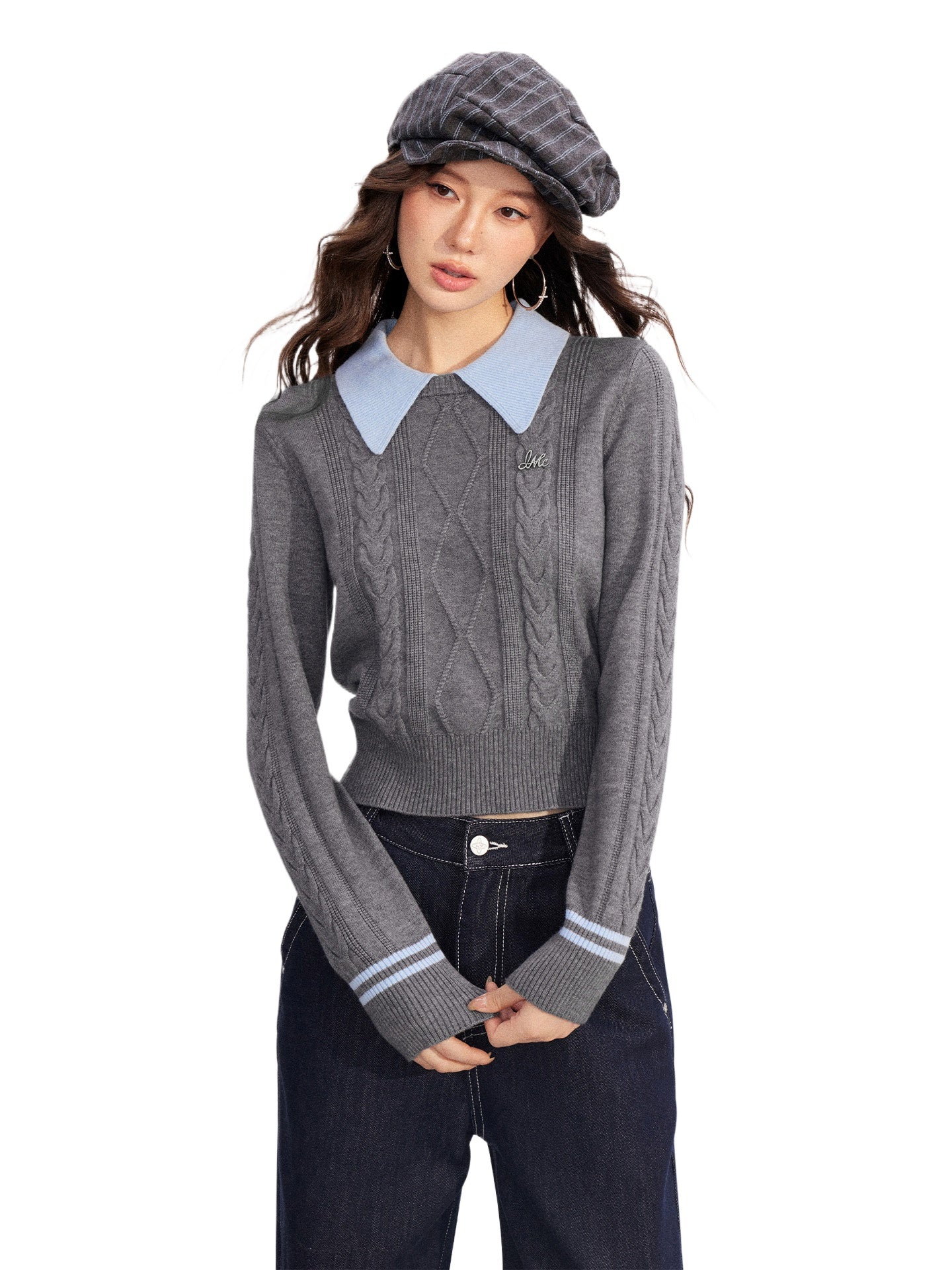 Contrast Collar Cable Knit Sweater