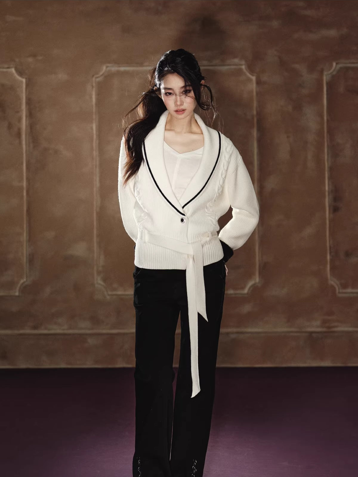 Colorblock Lapel V-Neck Sweater