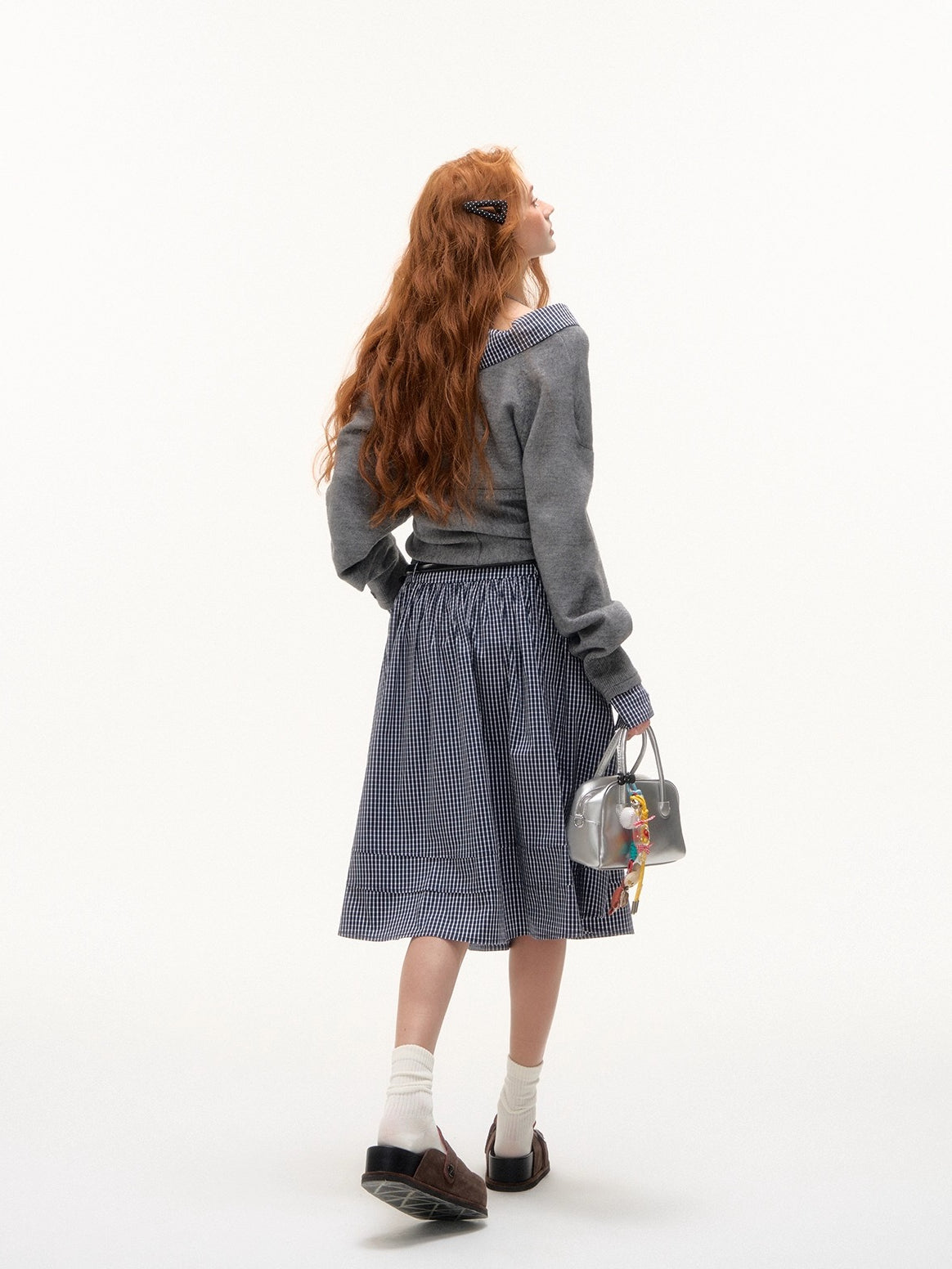 Off-Shoulder Plaid Panel Cross Sweater