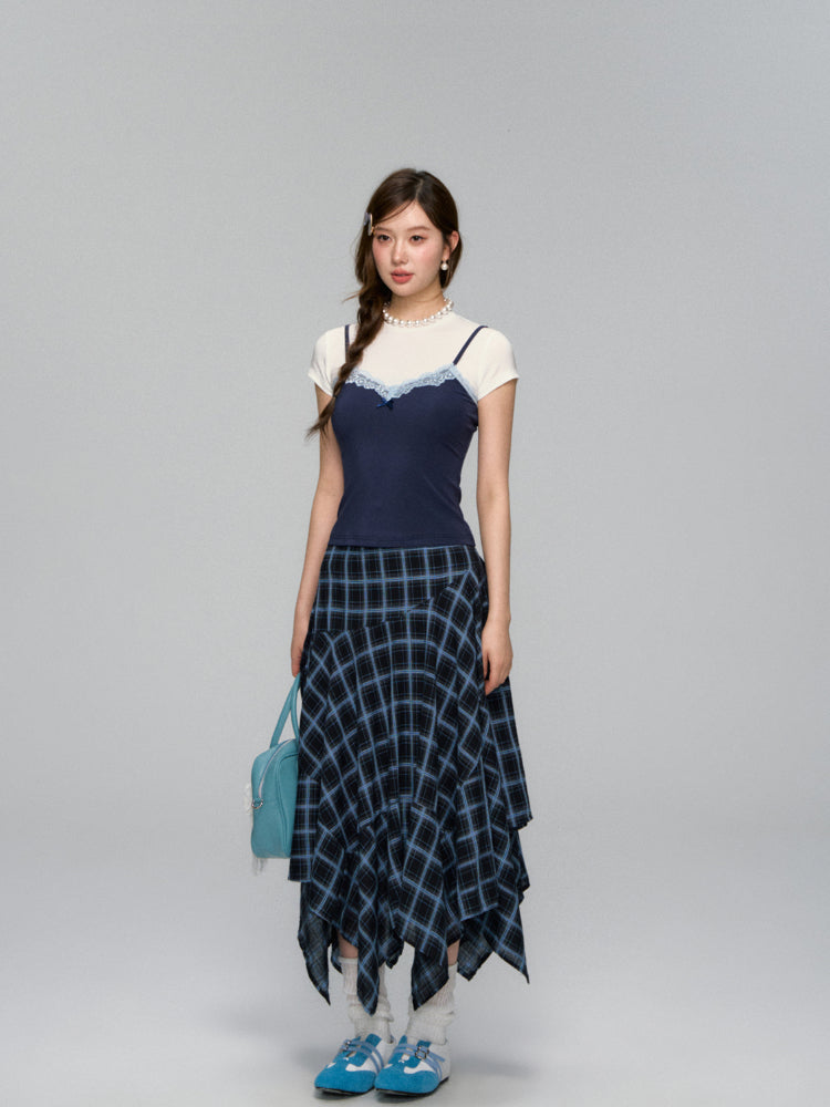 Irregular Navy Blue Checked Midi Skirt