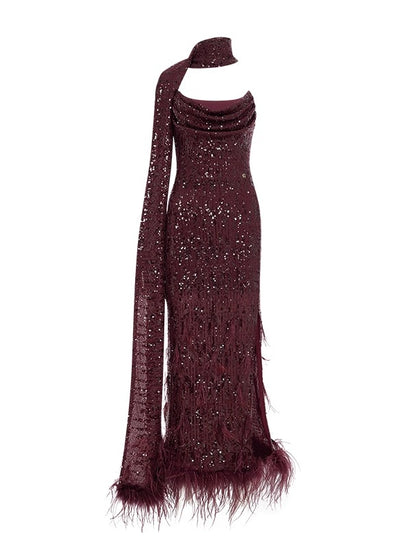 Diamond Sequin Ostrich Feather Strapless Dress