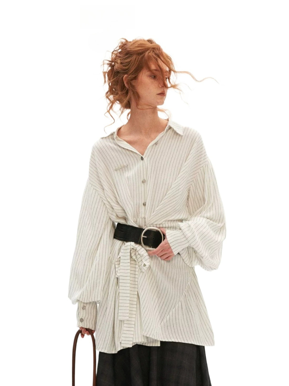 Striped Linen Tie Waist Long Shirt