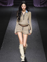 Contrast Tie-Neck Polo Knit Set