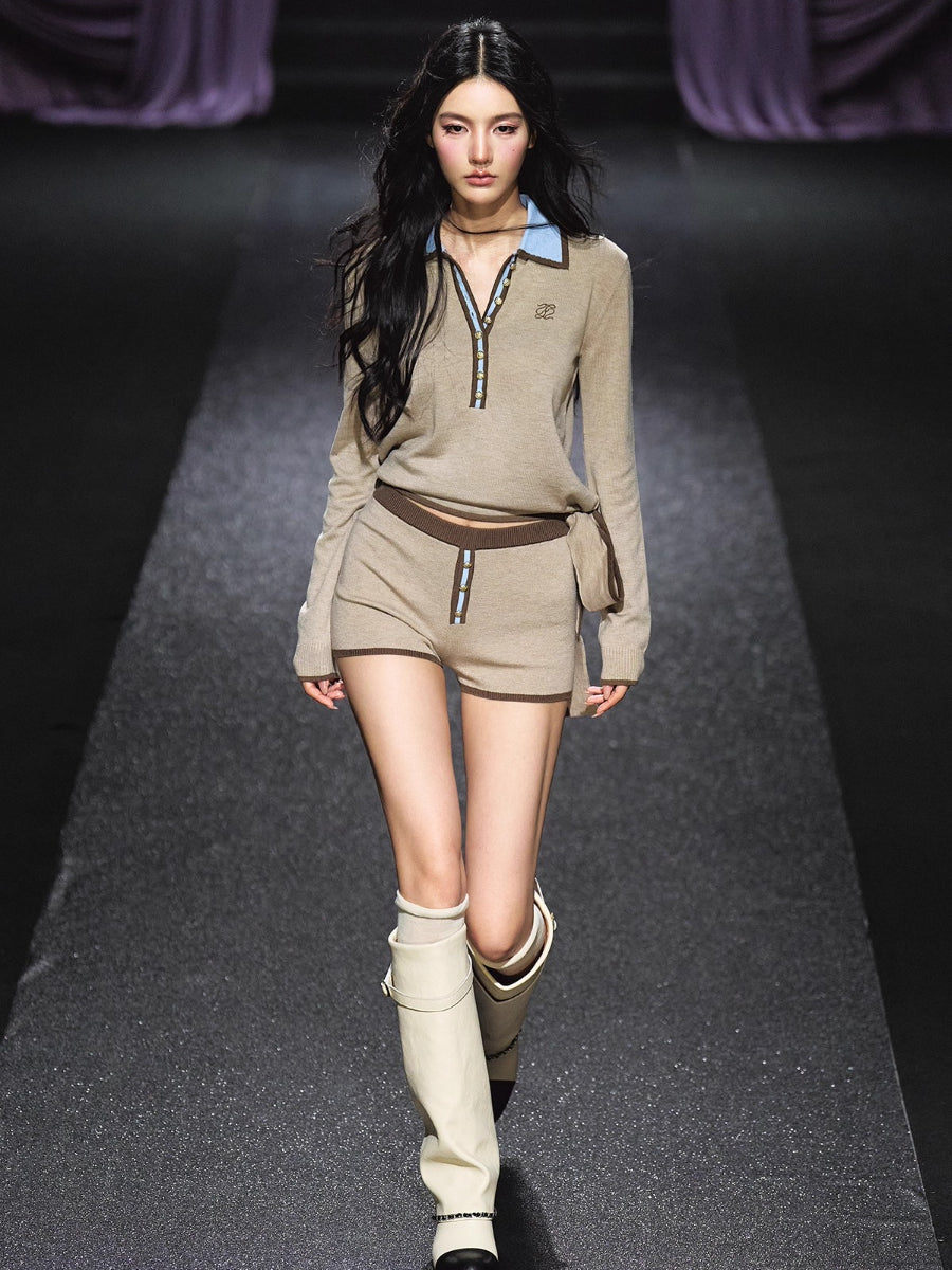 Contrast Tie-Neck Polo Knit Set